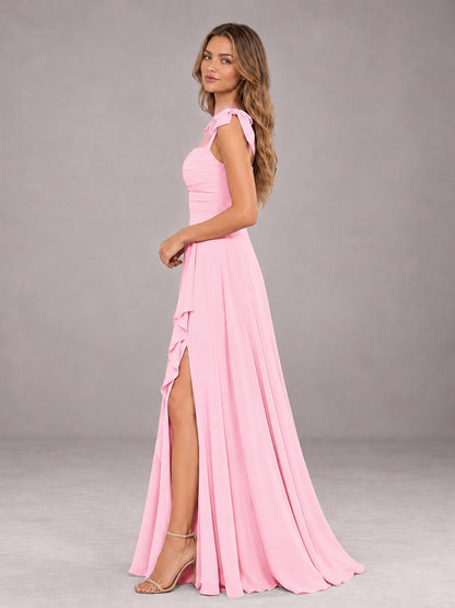 Candy Pink A-Line Square Neck Sleeveless Chiffon Floor-Length Bridesmaid Dress With Side Split