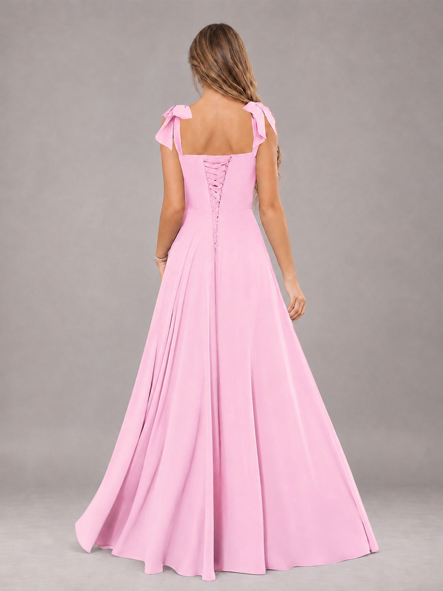 Candy Pink A-Line Square Neck Sleeveless Chiffon Floor-Length Bridesmaid Dress With Side Split