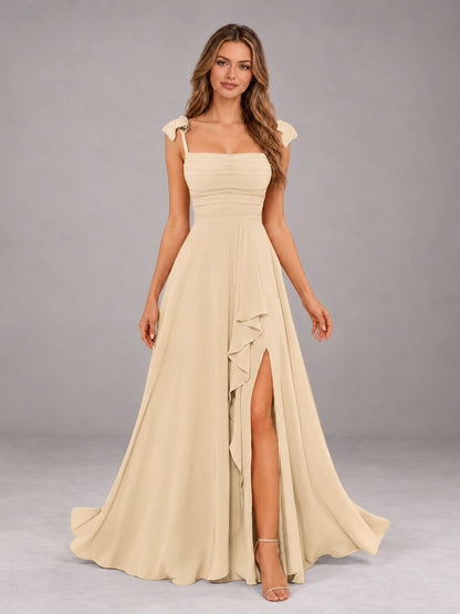 Champagne A-Line Square Neck Sleeveless Chiffon Floor-Length Bridesmaid Dress With Side Split