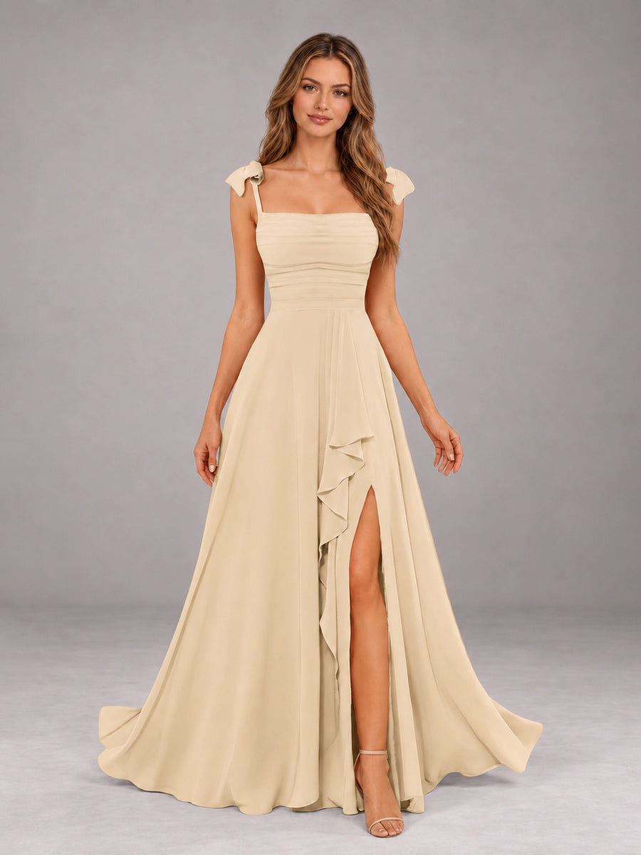 Champagne A-Line Square Neck Sleeveless Chiffon Floor-Length Bridesmaid Dress With Side Split