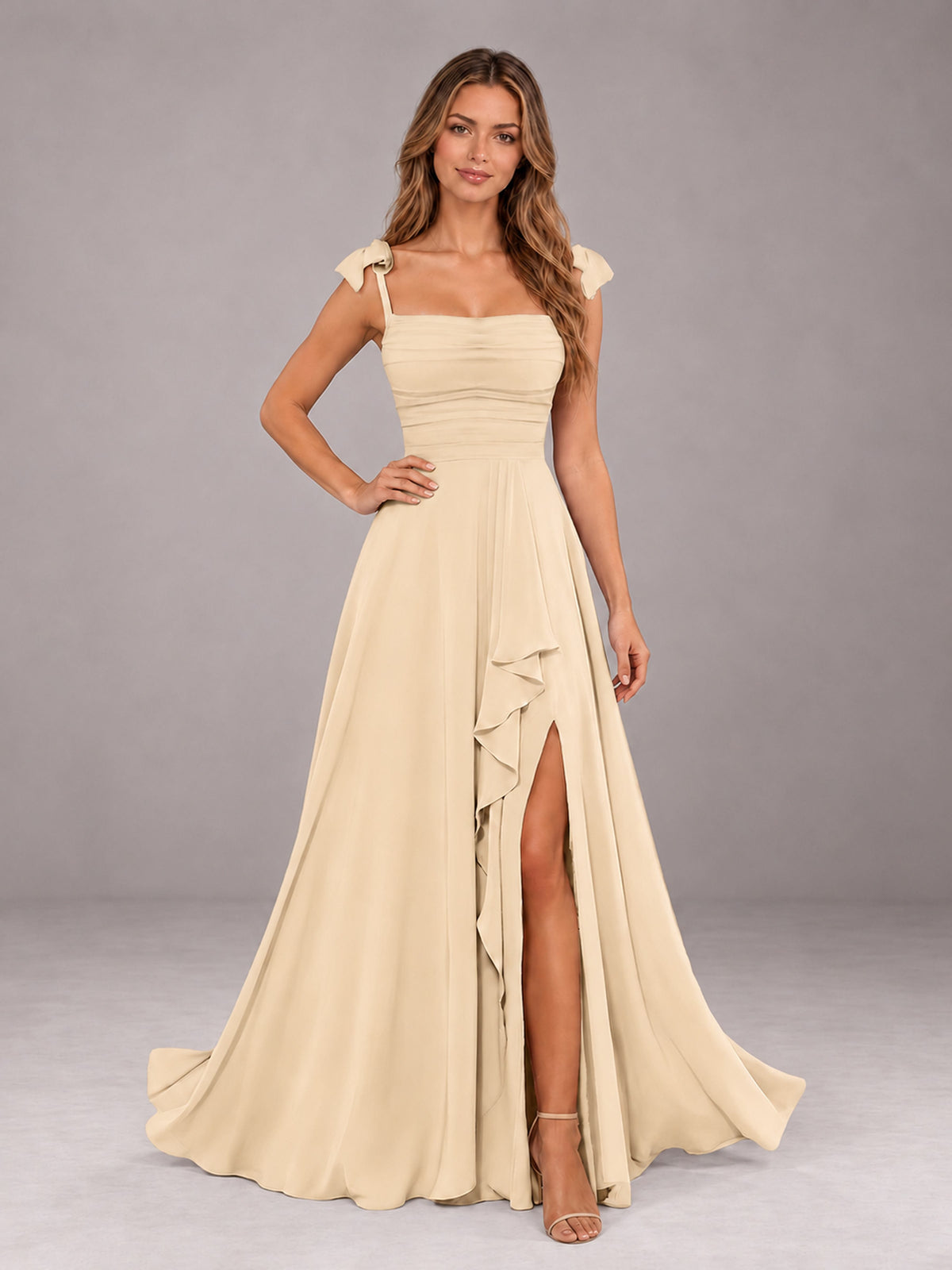 Champagne A-Line Square Neck Sleeveless Chiffon Floor-Length Bridesmaid Dress With Side Split