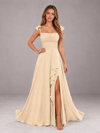 Champagne A-Line Square Neck Sleeveless Chiffon Floor-Length Bridesmaid Dress With Side Split