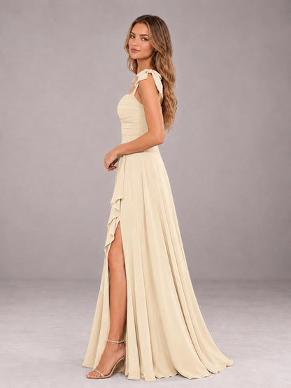 Champagne A-Line Square Neck Sleeveless Chiffon Floor-Length Bridesmaid Dress With Side Split