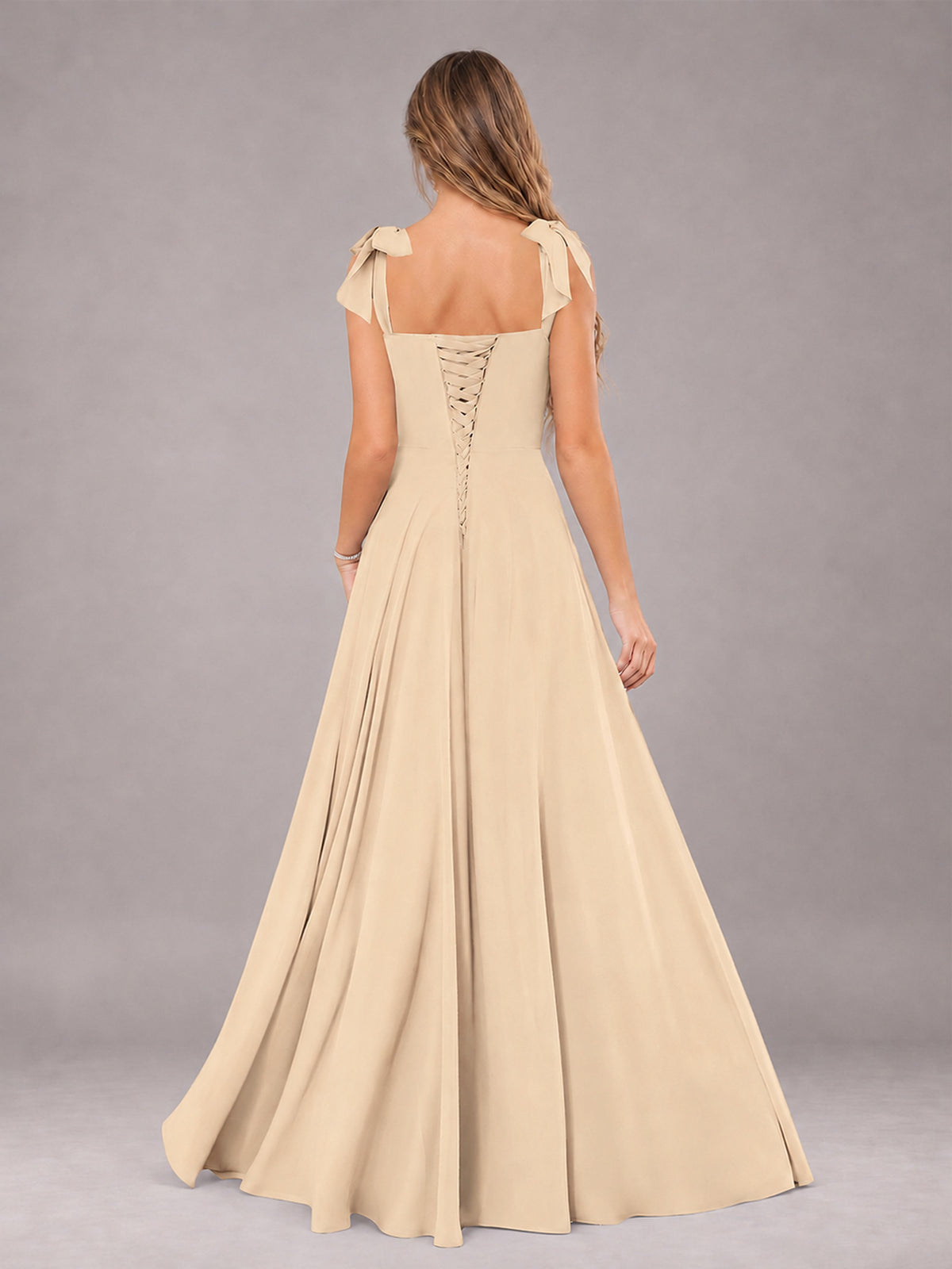 Champagne A-Line Square Neck Sleeveless Chiffon Floor-Length Bridesmaid Dress With Side Split