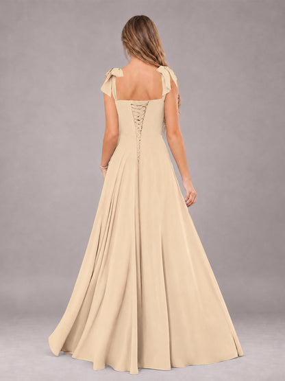 Champagne A-Line Square Neck Sleeveless Chiffon Floor-Length Bridesmaid Dress With Side Split