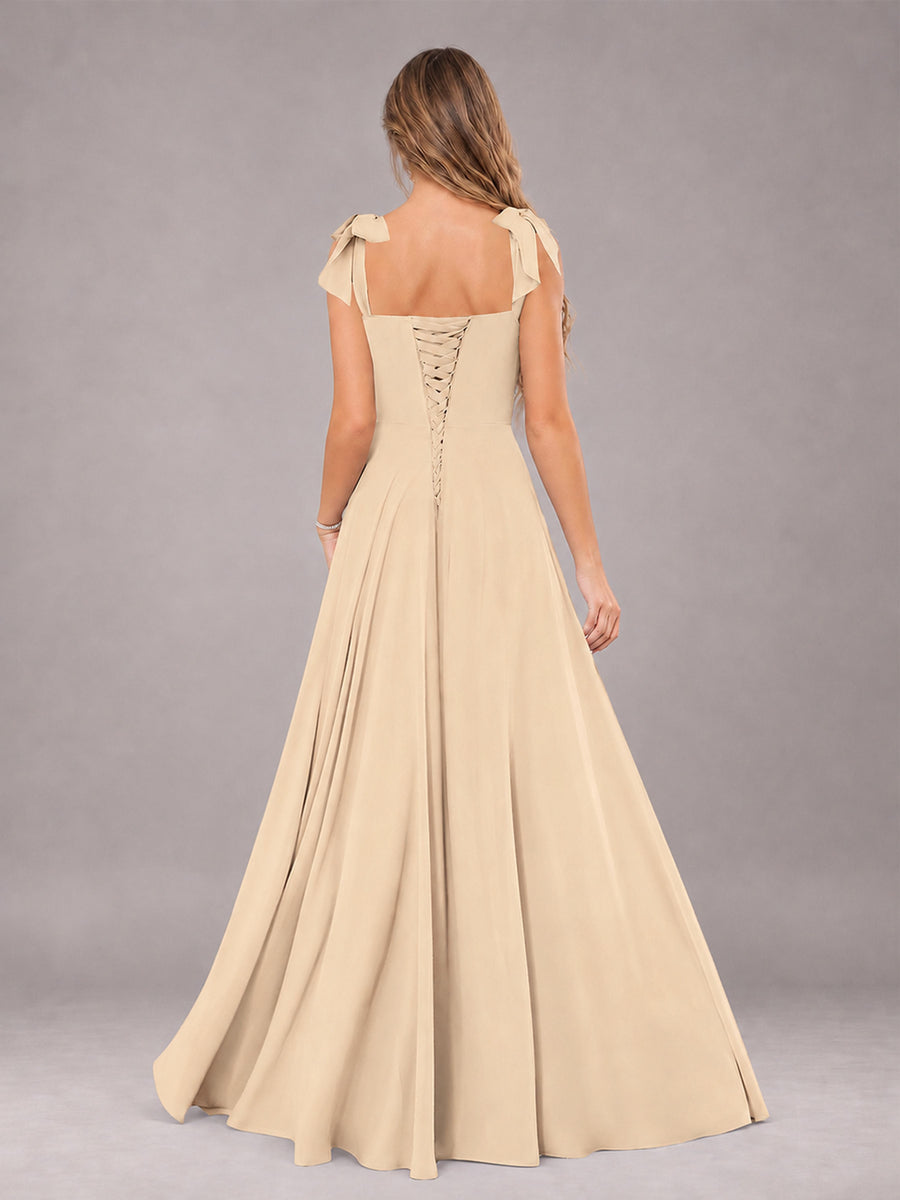 Champagne A-Line Square Neck Sleeveless Chiffon Floor-Length Bridesmaid Dress With Side Split