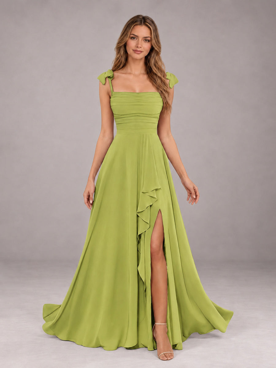 Chartreuse A-Line Square Neck Sleeveless Chiffon Floor-Length Bridesmaid Dress With Side Split