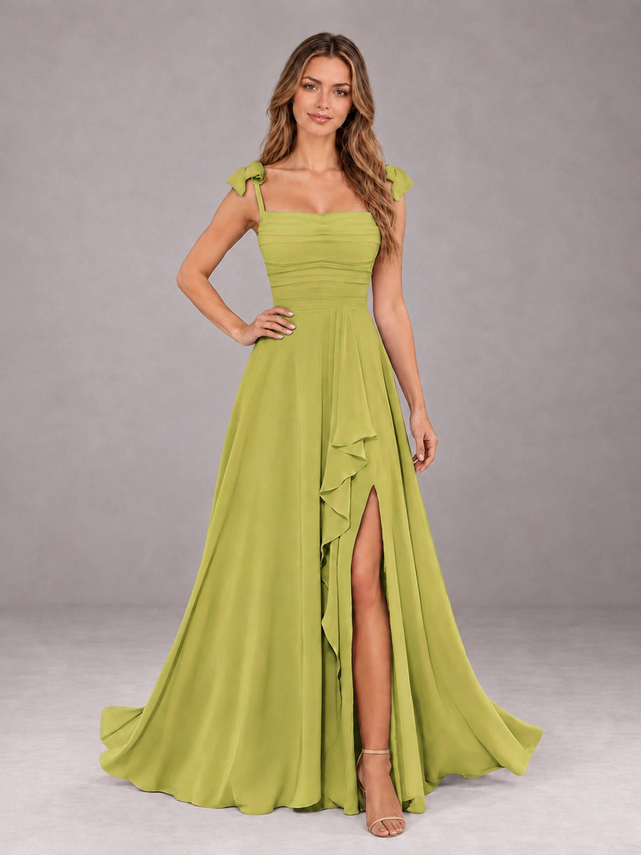 Chartreuse A-Line Square Neck Sleeveless Chiffon Floor-Length Bridesmaid Dress With Side Split