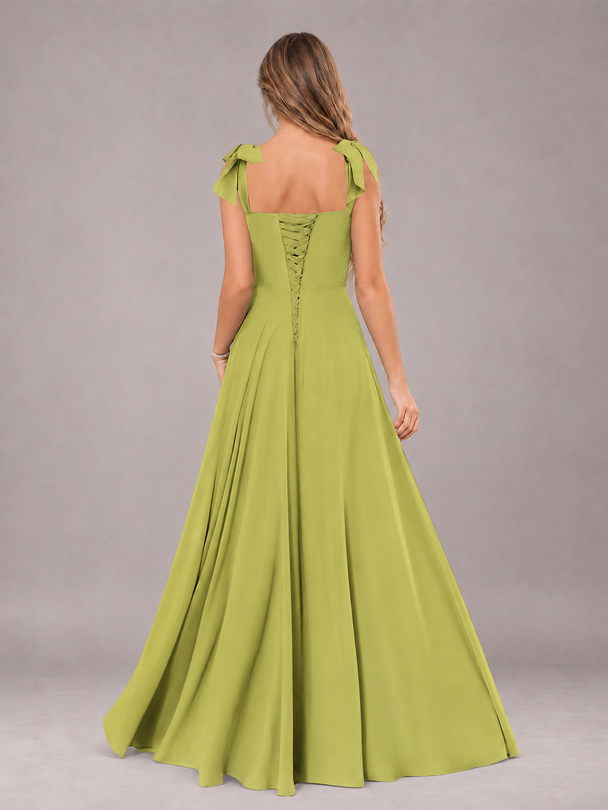 Chartreuse A-Line Square Neck Sleeveless Chiffon Floor-Length Bridesmaid Dress With Side Split