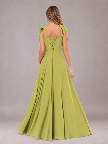 Chartreuse A-Line Square Neck Sleeveless Chiffon Floor-Length Bridesmaid Dress With Side Split
