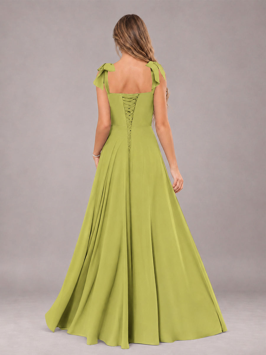 Chartreuse A-Line Square Neck Sleeveless Chiffon Floor-Length Bridesmaid Dress With Side Split