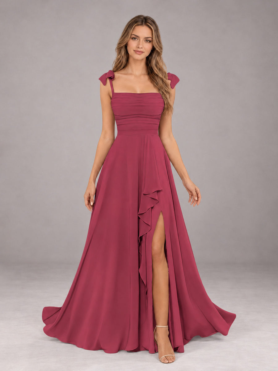 Cinnamon Rose A-Line Square Neck Sleeveless Chiffon Floor-Length Bridesmaid Dress With Side Split