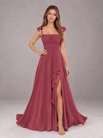 Cinnamon Rose A-Line Square Neck Sleeveless Chiffon Floor-Length Bridesmaid Dress With Side Split