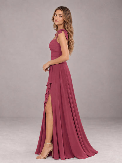 Cinnamon Rose A-Line Square Neck Sleeveless Chiffon Floor-Length Bridesmaid Dress With Side Split