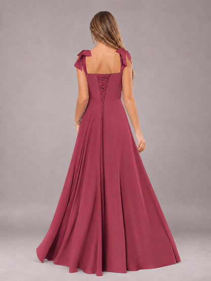 Cinnamon Rose A-Line Square Neck Sleeveless Chiffon Floor-Length Bridesmaid Dress With Side Split