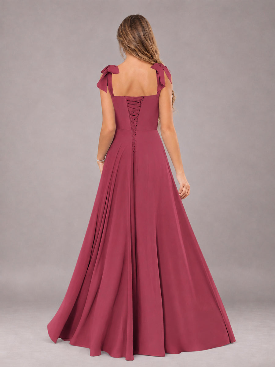 Cinnamon Rose A-Line Square Neck Sleeveless Chiffon Floor-Length Bridesmaid Dress With Side Split