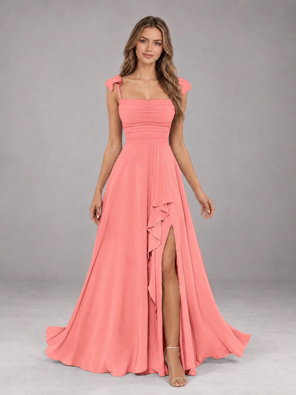 Coral A-Line Square Neck Sleeveless Chiffon Floor-Length Bridesmaid Dress With Side Split