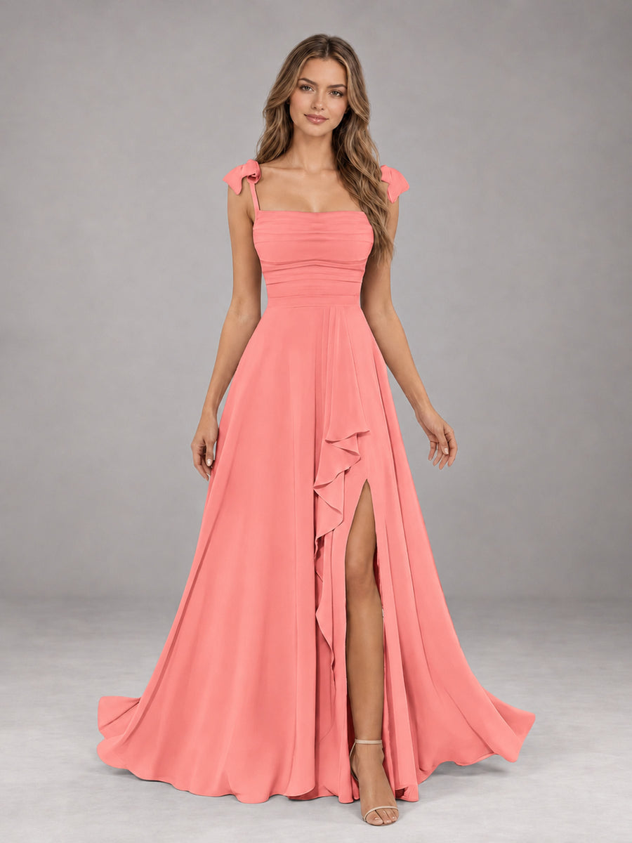 Coral A-Line Square Neck Sleeveless Chiffon Floor-Length Bridesmaid Dress With Side Split