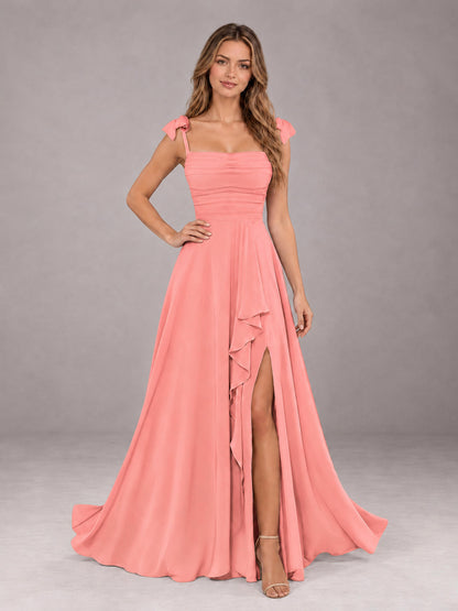 Coral A-Line Square Neck Sleeveless Chiffon Floor-Length Bridesmaid Dress With Side Split