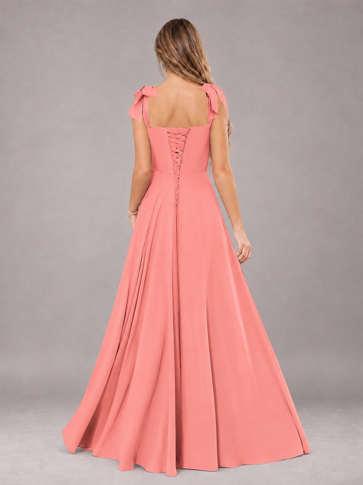 Coral A-Line Square Neck Sleeveless Chiffon Floor-Length Bridesmaid Dress With Side Split