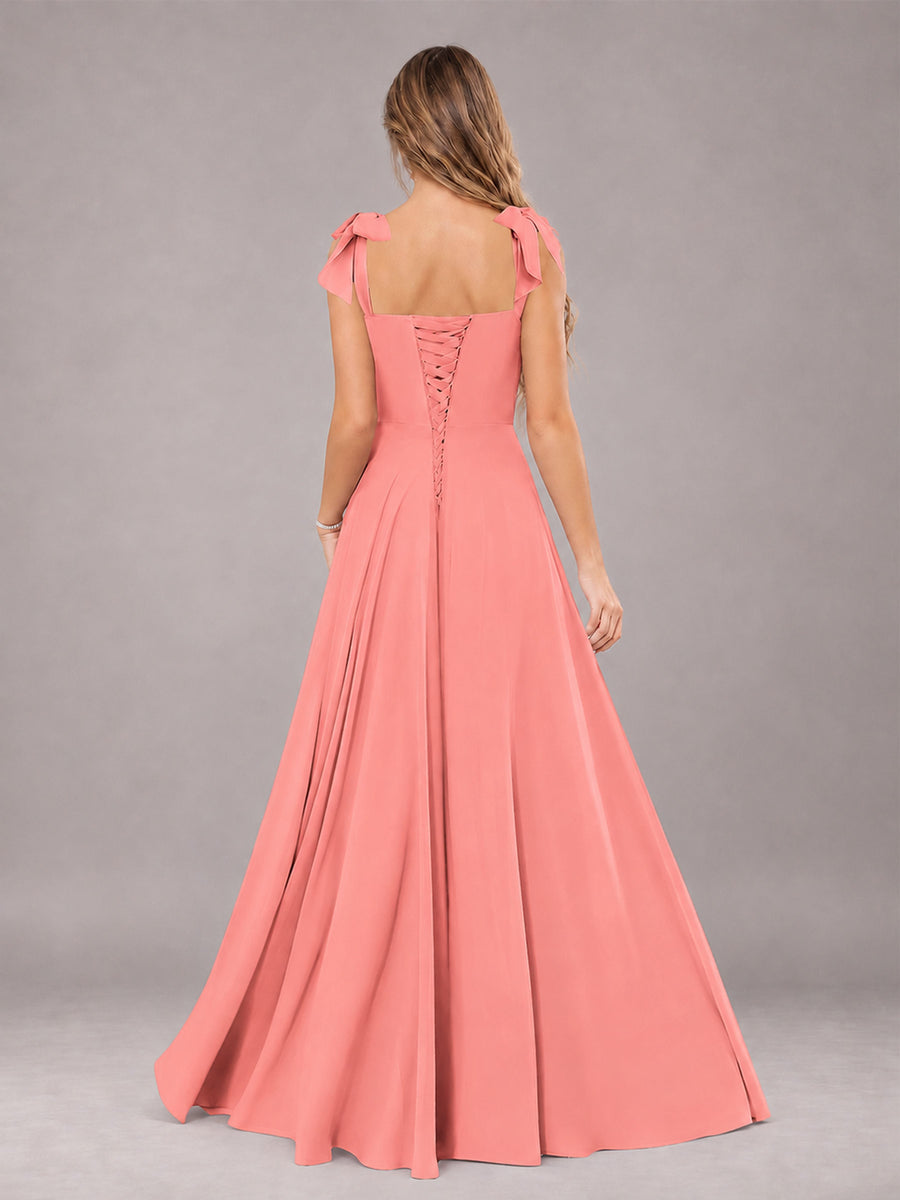Coral A-Line Square Neck Sleeveless Chiffon Floor-Length Bridesmaid Dress With Side Split