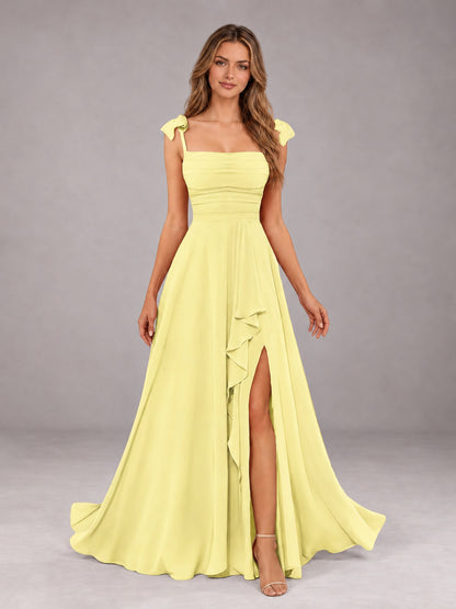Daffodil A-Line Square Neck Sleeveless Chiffon Floor-Length Bridesmaid Dress With Side Split