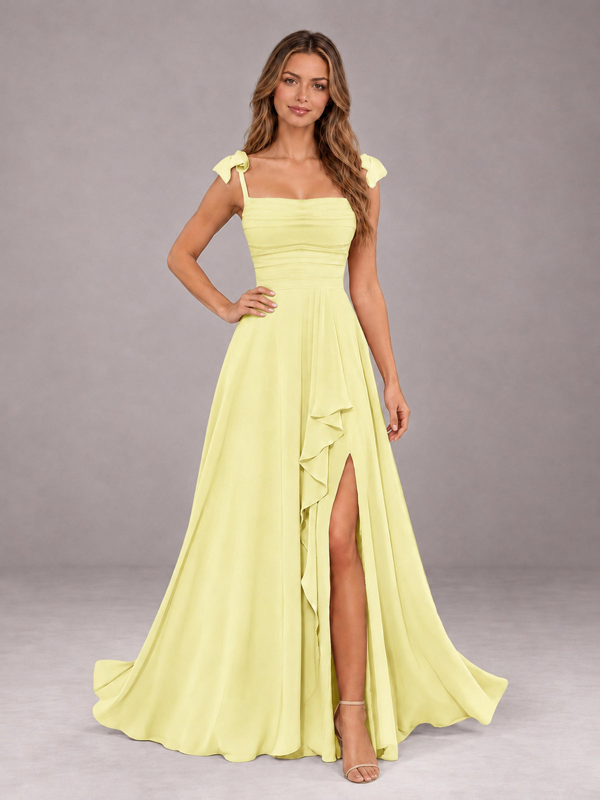 Daffodil A-Line Square Neck Sleeveless Chiffon Floor-Length Bridesmaid Dress With Side Split