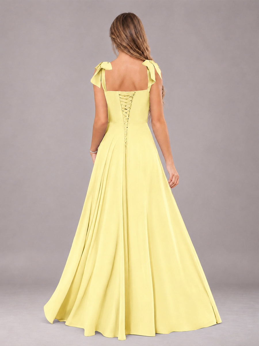 Daffodil A-Line Square Neck Sleeveless Chiffon Floor-Length Bridesmaid Dress With Side Split
