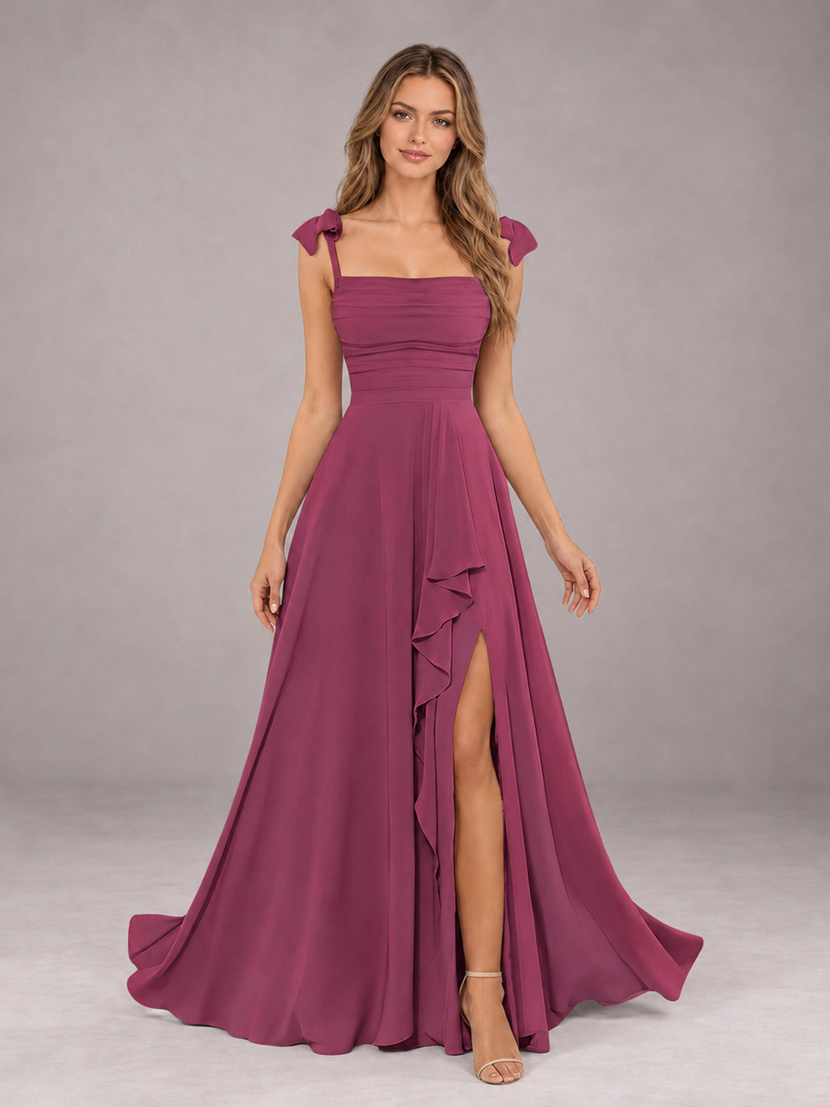 Desert Rose A-Line Square Neck Sleeveless Chiffon Floor-Length Bridesmaid Dress With Side Split