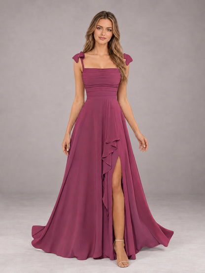 Desert Rose A-Line Square Neck Sleeveless Chiffon Floor-Length Bridesmaid Dress With Side Split