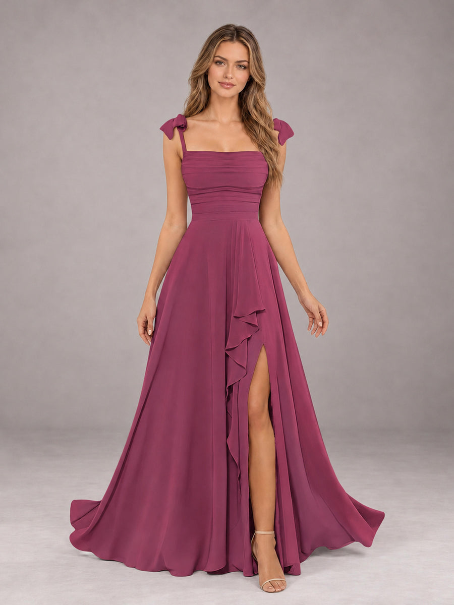 Desert Rose A-Line Square Neck Sleeveless Chiffon Floor-Length Bridesmaid Dress With Side Split
