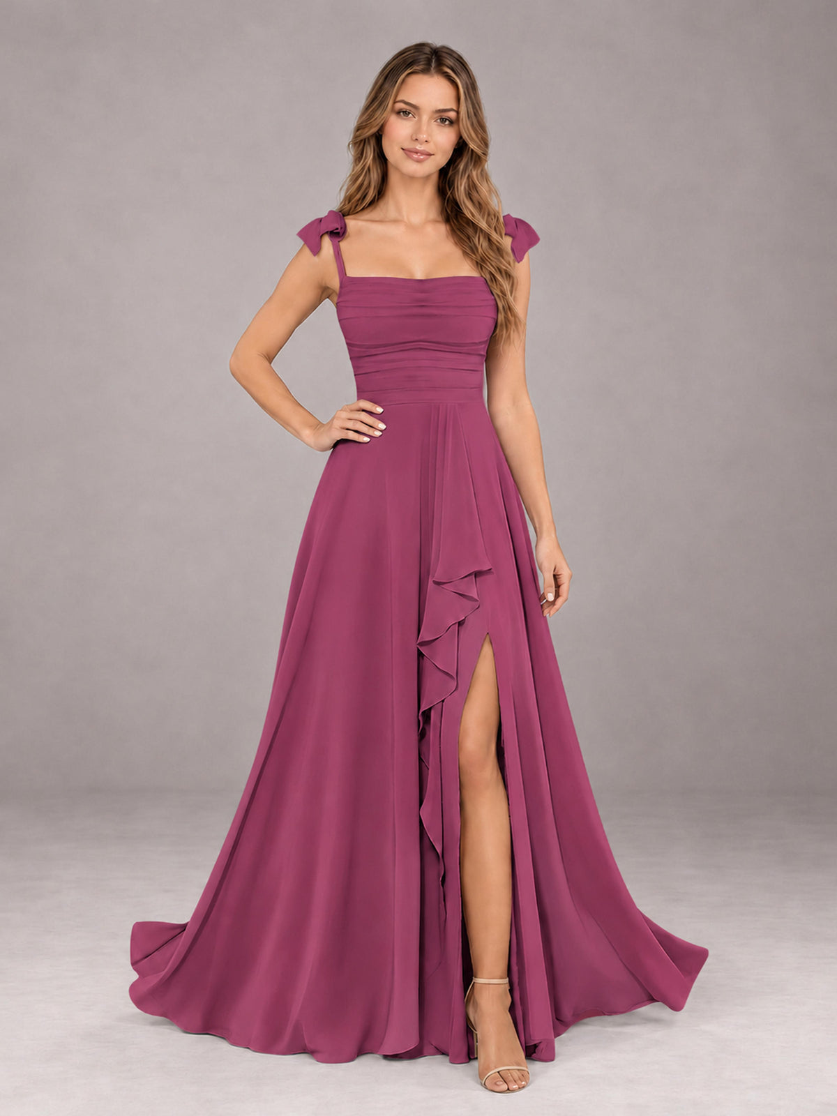 Desert Rose A-Line Square Neck Sleeveless Chiffon Floor-Length Bridesmaid Dress With Side Split