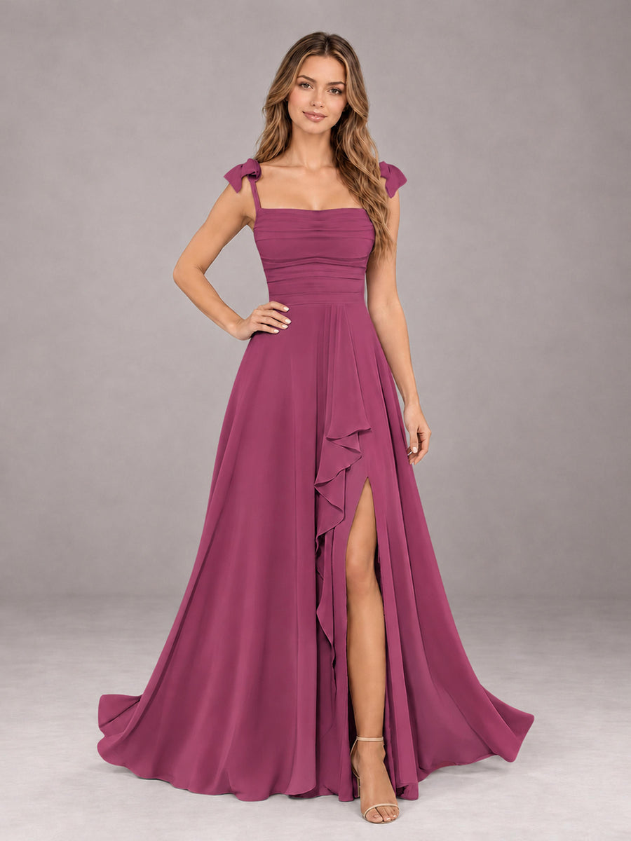 Desert Rose A-Line Square Neck Sleeveless Chiffon Floor-Length Bridesmaid Dress With Side Split