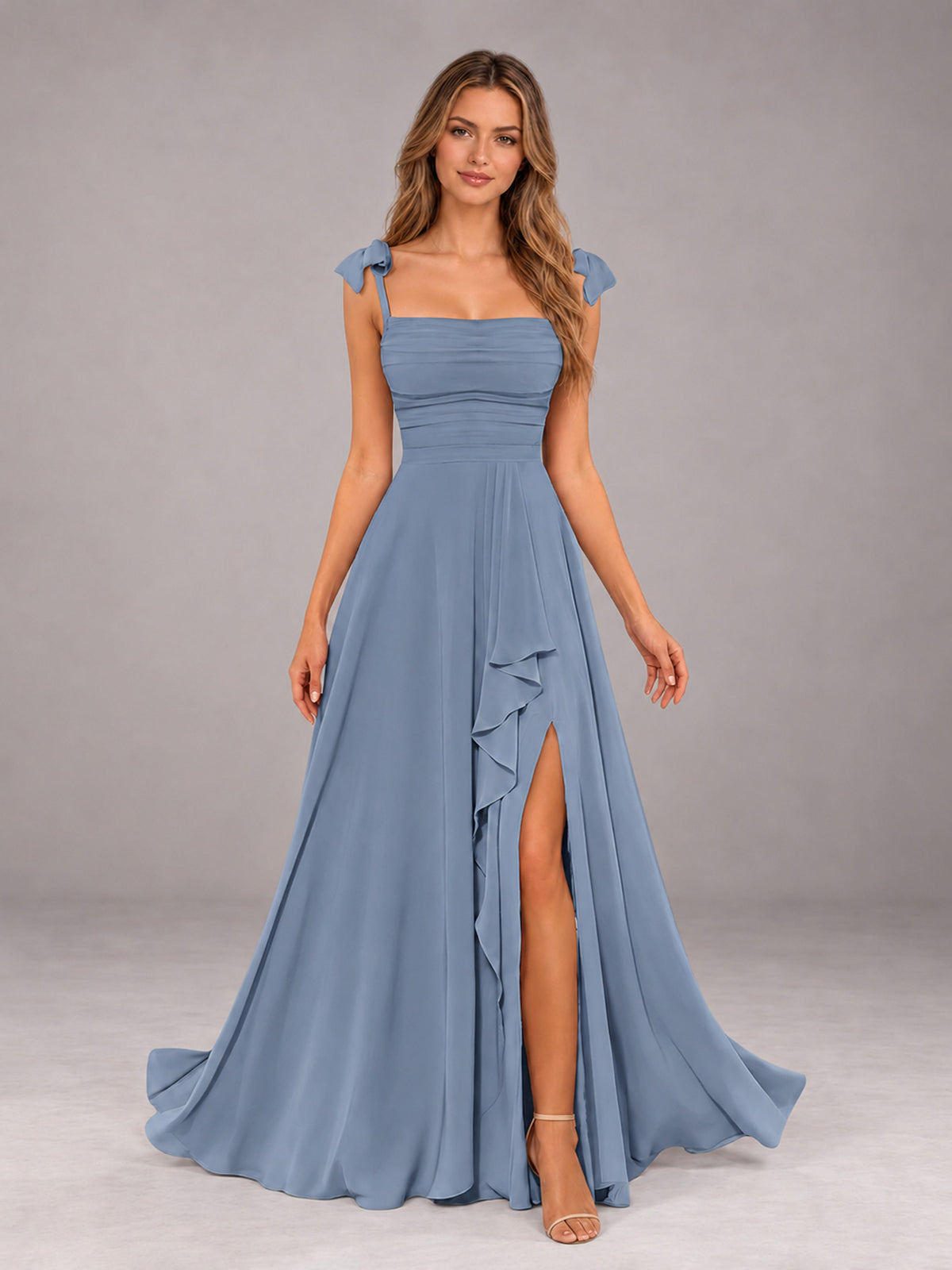Dusty Blue A-Line Square Neck Sleeveless Chiffon Floor-Length Bridesmaid Dress With Side Split