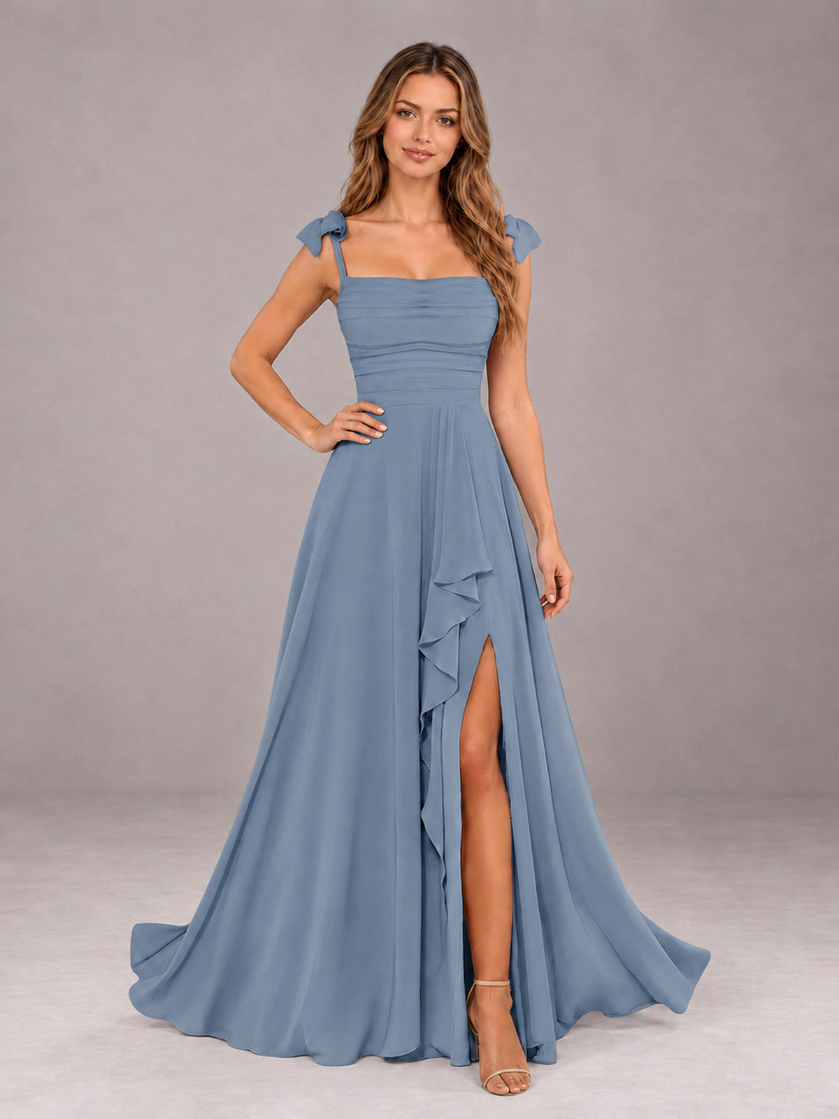 Dusty Blue A-Line Square Neck Sleeveless Chiffon Floor-Length Bridesmaid Dress With Side Split