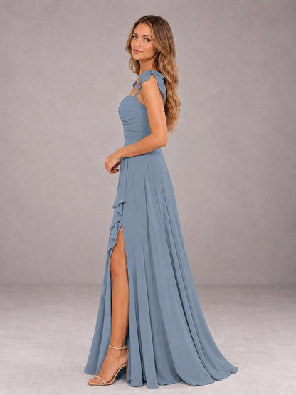 Dusty Blue A-Line Square Neck Sleeveless Chiffon Floor-Length Bridesmaid Dress With Side Split