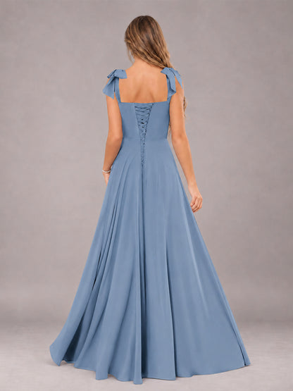 Dusty Blue A-Line Square Neck Sleeveless Chiffon Floor-Length Bridesmaid Dress With Side Split