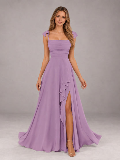 Dusty Purple A-Line Square Neck Sleeveless Chiffon Floor-Length Bridesmaid Dress With Side Split