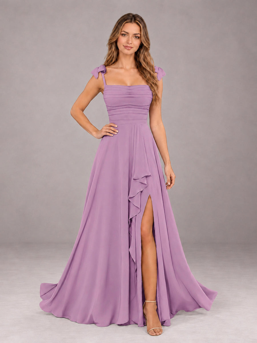 Dusty Purple A-Line Square Neck Sleeveless Chiffon Floor-Length Bridesmaid Dress With Side Split