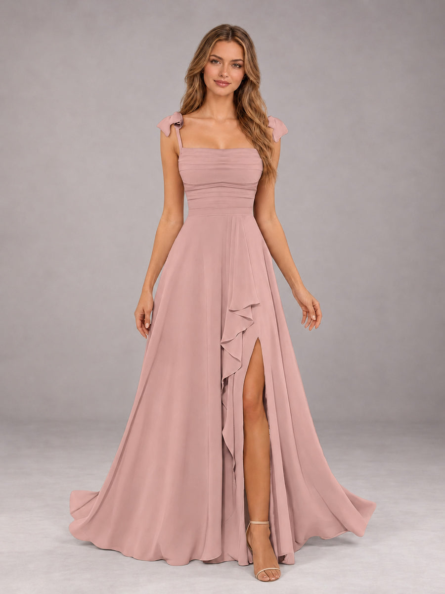 Dusty Rose A-Line Square Neck Sleeveless Chiffon Floor-Length Bridesmaid Dress With Side Split