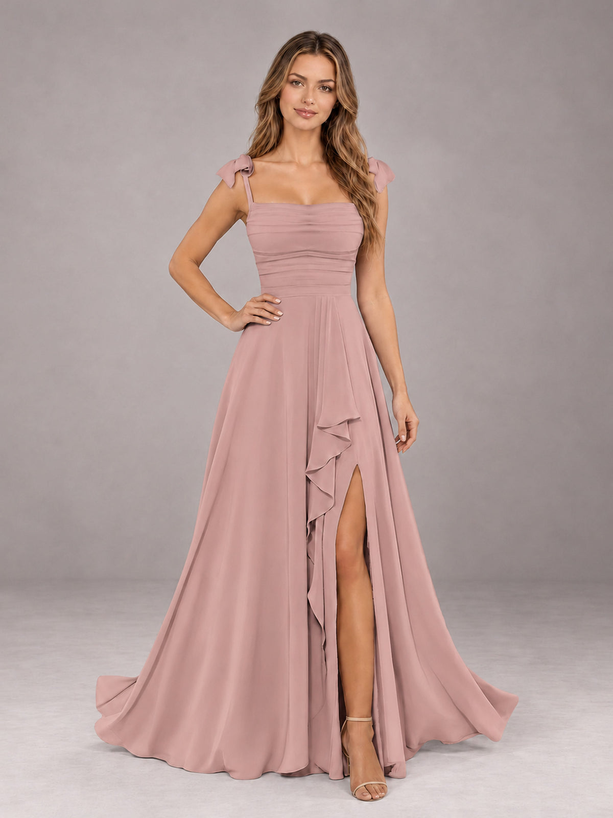 Dusty Rose A-Line Square Neck Sleeveless Chiffon Floor-Length Bridesmaid Dress With Side Split