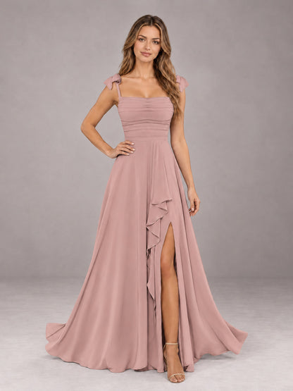 Dusty Rose A-Line Square Neck Sleeveless Chiffon Floor-Length Bridesmaid Dress With Side Split