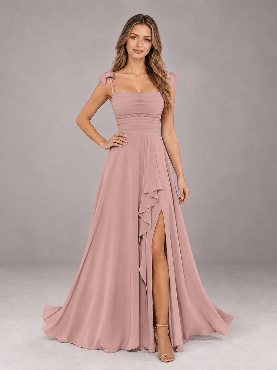 Dusty Rose A-Line Square Neck Sleeveless Chiffon Floor-Length Bridesmaid Dress With Side Split