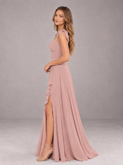 Dusty Rose A-Line Square Neck Sleeveless Chiffon Floor-Length Bridesmaid Dress With Side Split