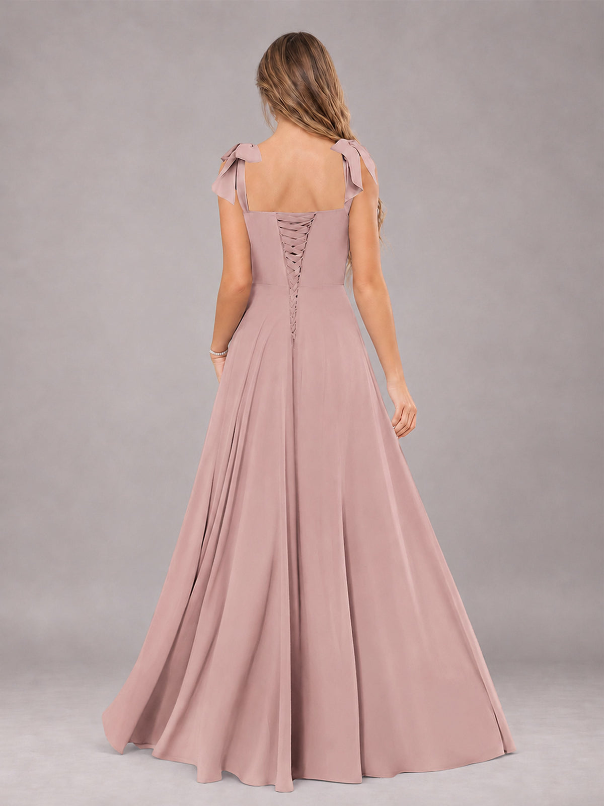 Dusty Rose A-Line Square Neck Sleeveless Chiffon Floor-Length Bridesmaid Dress With Side Split