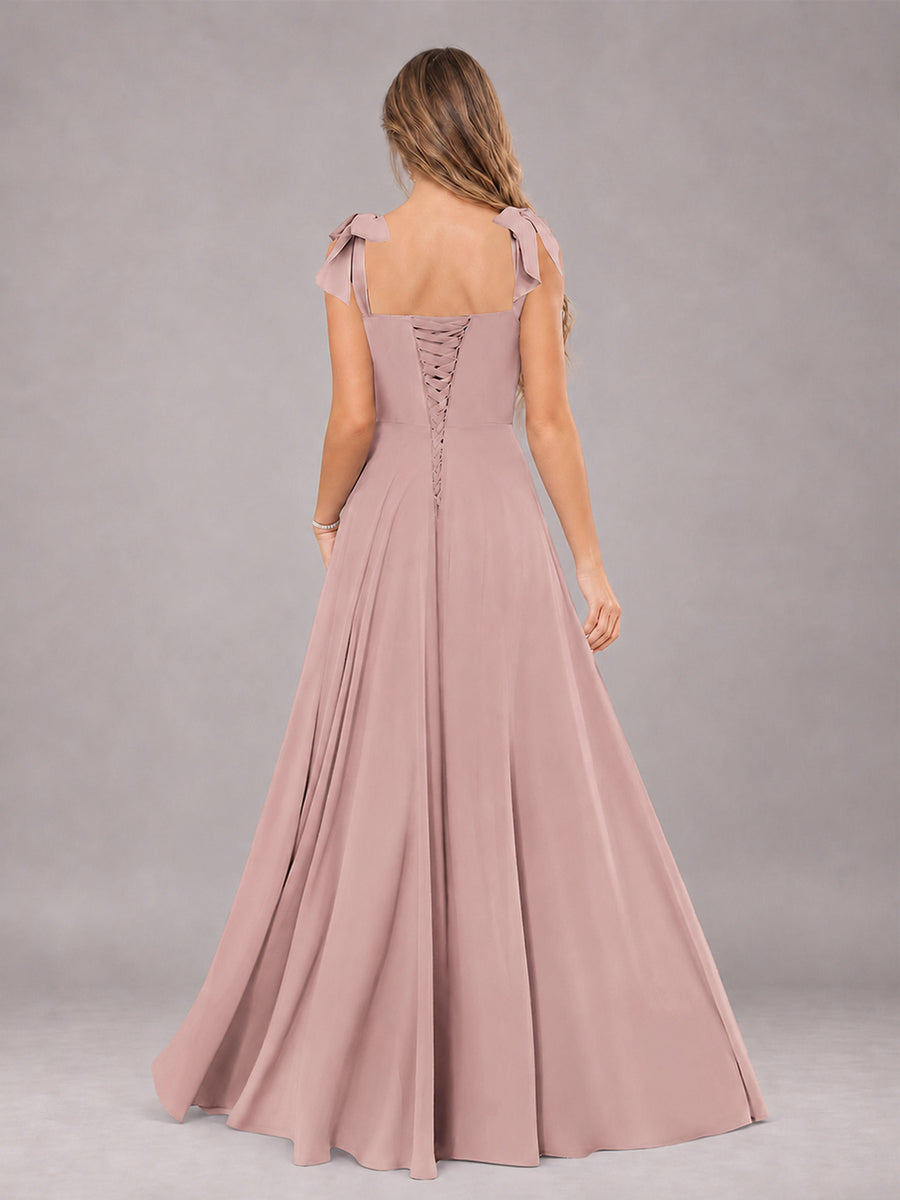 Dusty Rose A-Line Square Neck Sleeveless Chiffon Floor-Length Bridesmaid Dress With Side Split