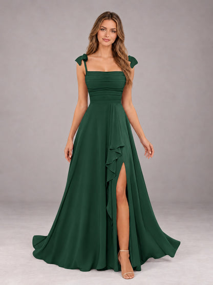 Emerald Green A-Line Square Neck Sleeveless Chiffon Floor-Length Bridesmaid Dress With Side Split