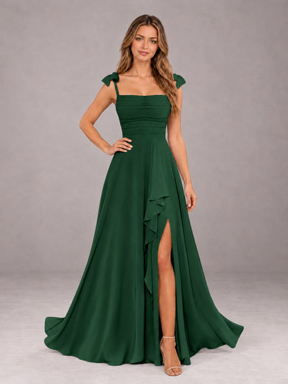 Emerald Green A-Line Square Neck Sleeveless Chiffon Floor-Length Bridesmaid Dress With Side Split
