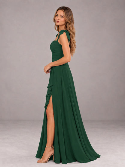 Emerald Green A-Line Square Neck Sleeveless Chiffon Floor-Length Bridesmaid Dress With Side Split