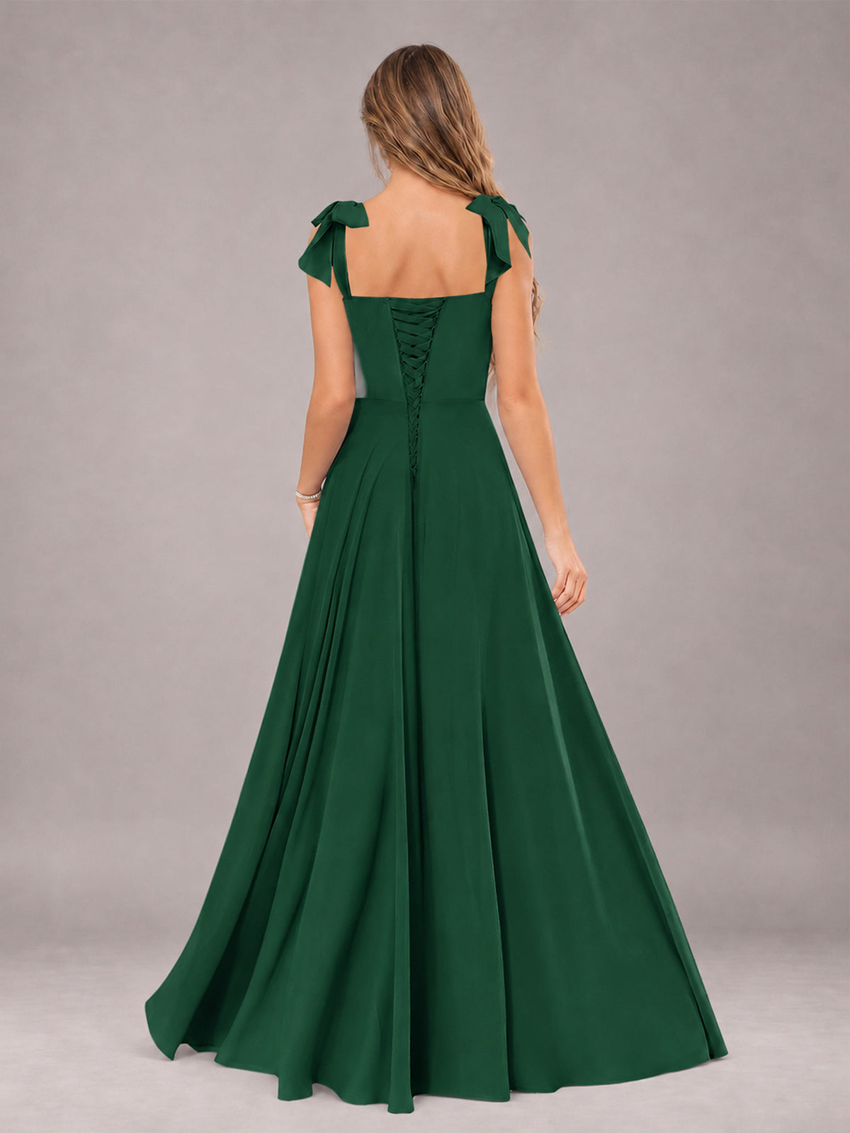 Emerald Green A-Line Square Neck Sleeveless Chiffon Floor-Length Bridesmaid Dress With Side Split